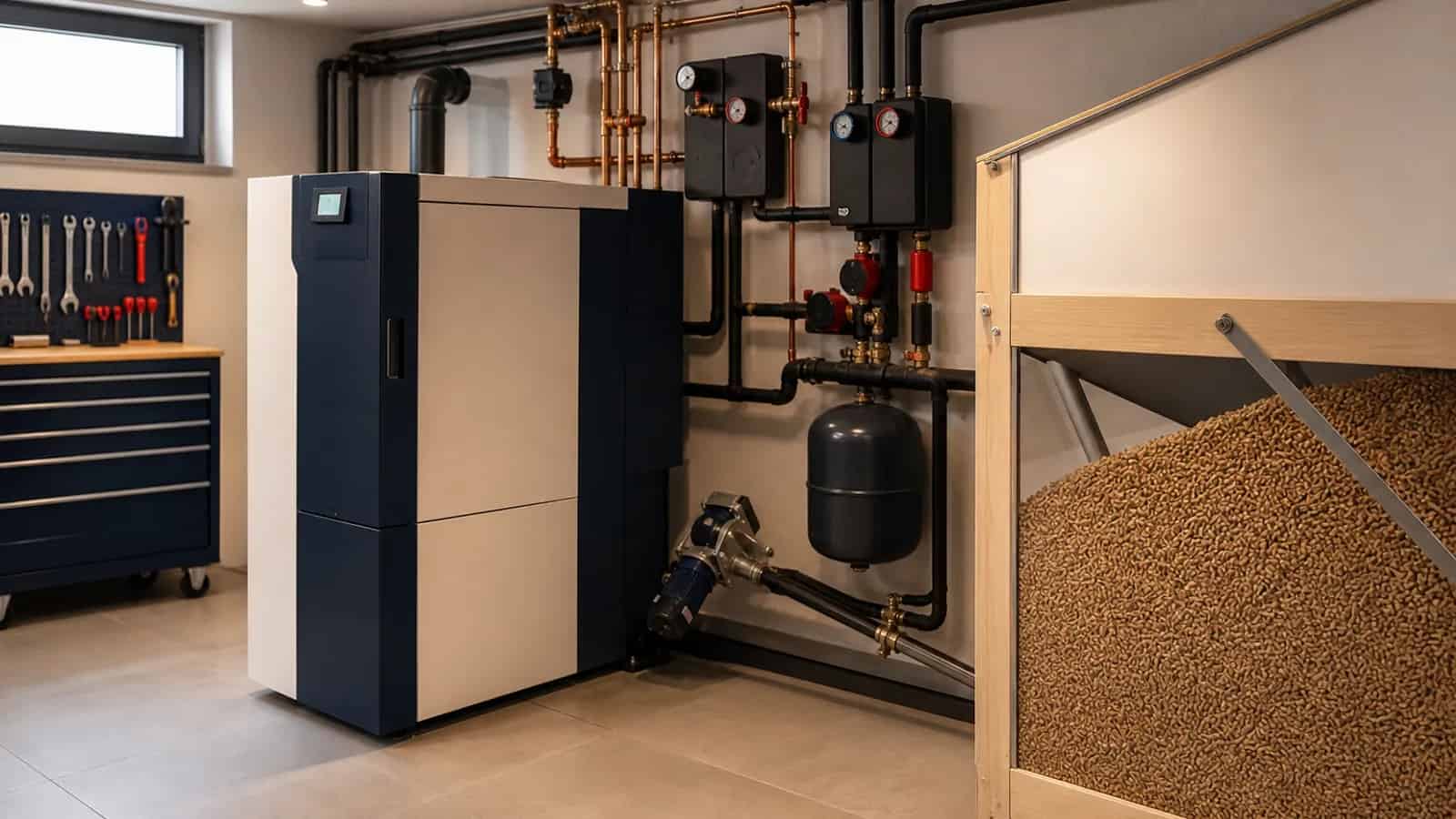 Moderne Biomasseheizung mit Pelletlager in einem sauberen Technikraum