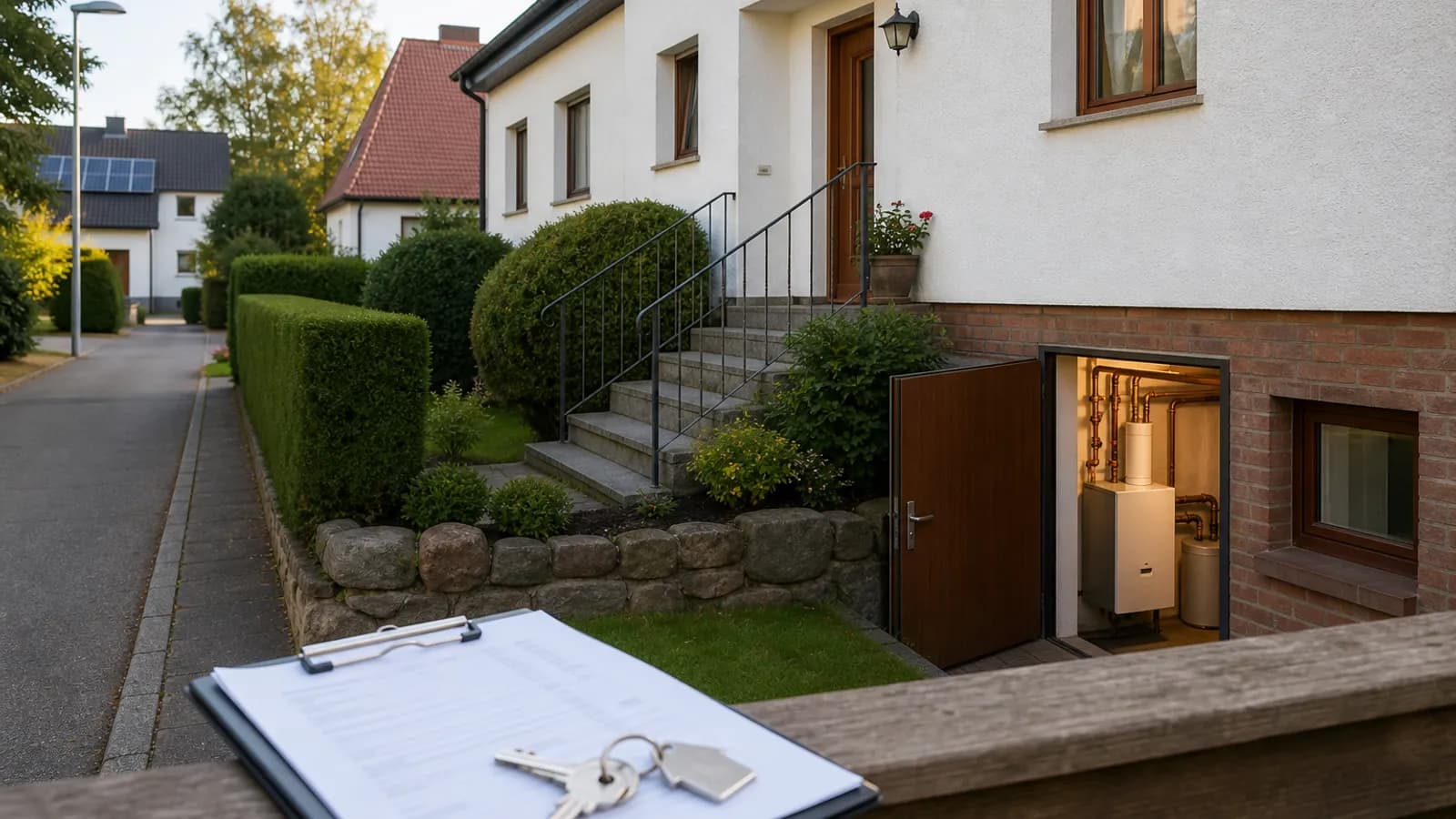 Einfamilienhaus bei der Besichtigung — Schlüssel und Unterlagen vor dem Kauf, Heizungsraum im Hintergrund