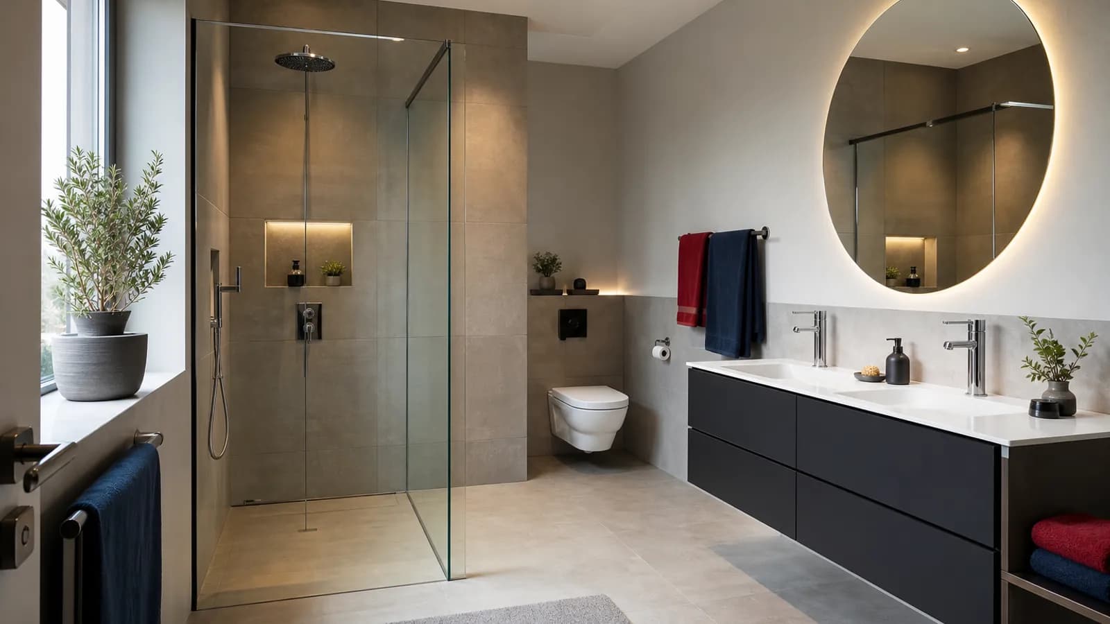 Modern saniertes Badezimmer mit bodengleicher Dusche — Symbol für Badsanierung und Neubad-Kosten 2026