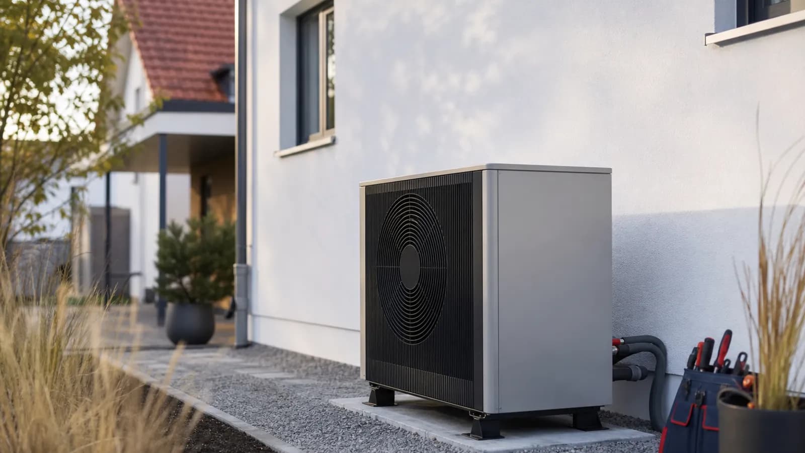 Moderne Luft-Wasser-Wärmepumpe an einem Einfamilienhaus — Symbol für Heizungskosten und Systemvergleich 2026