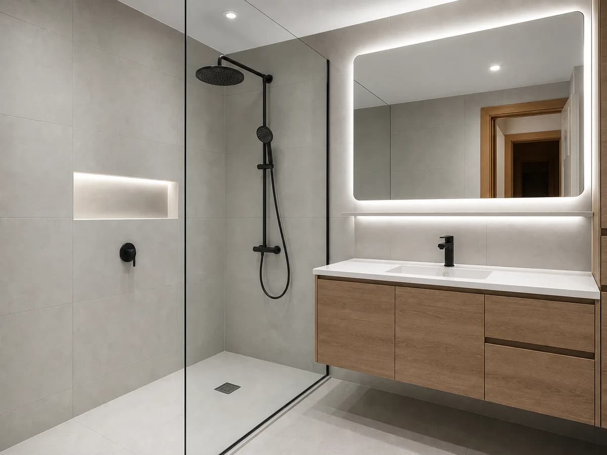 Badezimmer nach der Sanierung mit bodengleicher Dusche und modernem Waschtisch