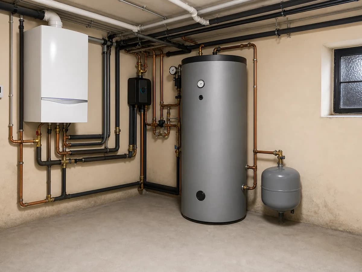 Modernisierte Heizungsanlage mit Brennwertgerät, Speicher und sauber verlegten Leitungen