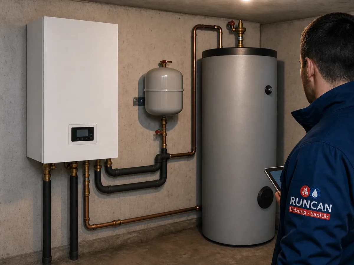 Moderner Technikraum nach dem Einbau einer Luft-Wasser-Wärmepumpe