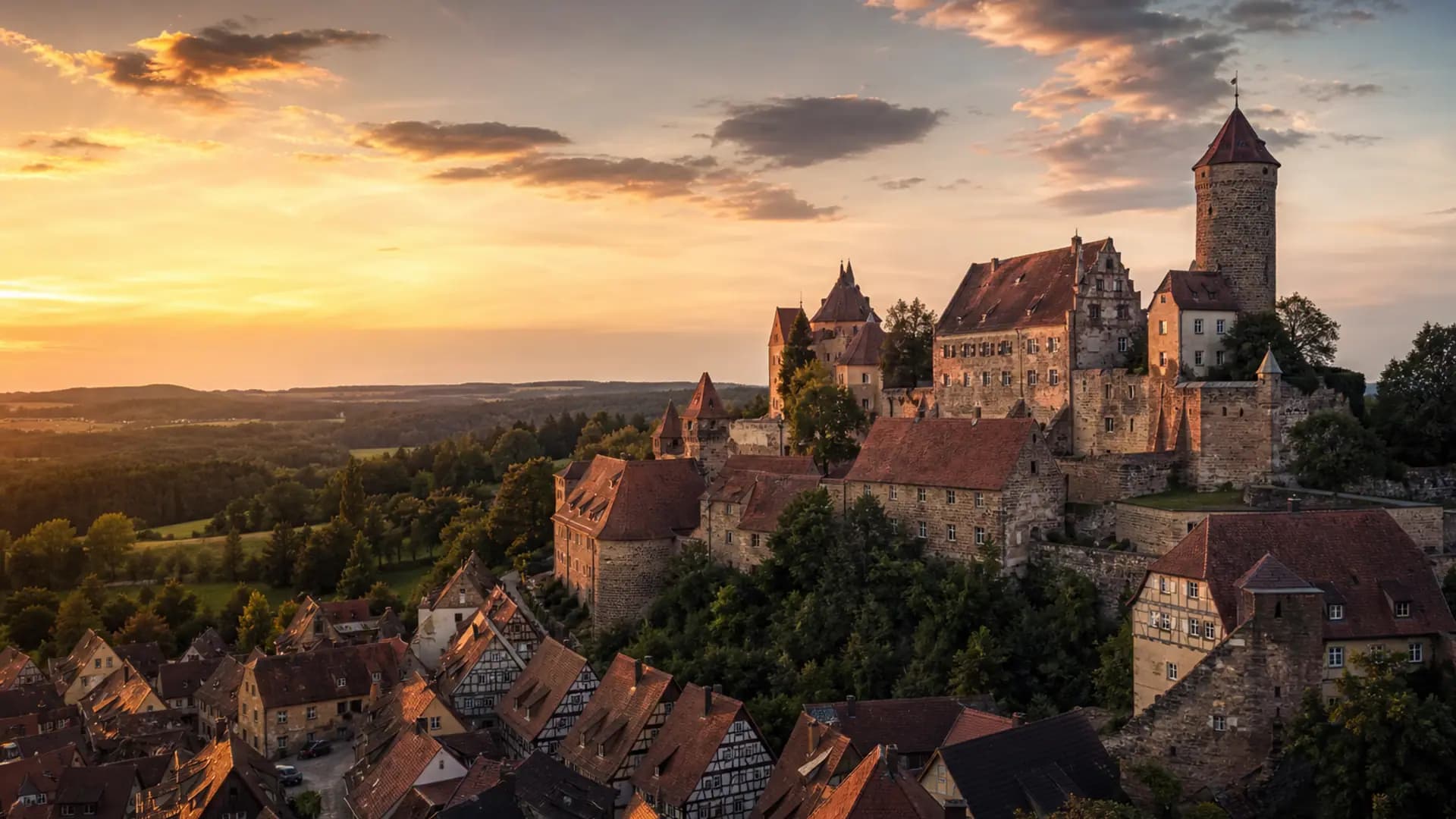 Abenberg Burg und Altstadt auf dem Hügel im Abendlicht