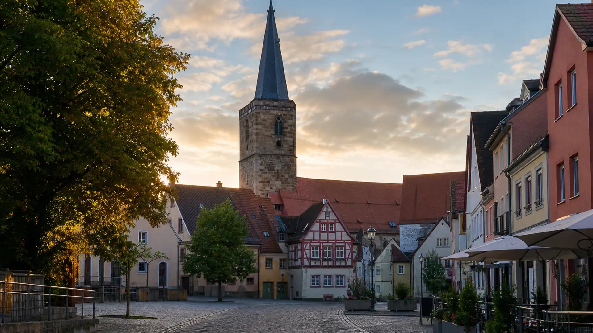 Feucht Ortskern mit Kirche und fränkischen Dächern bei Tageslicht