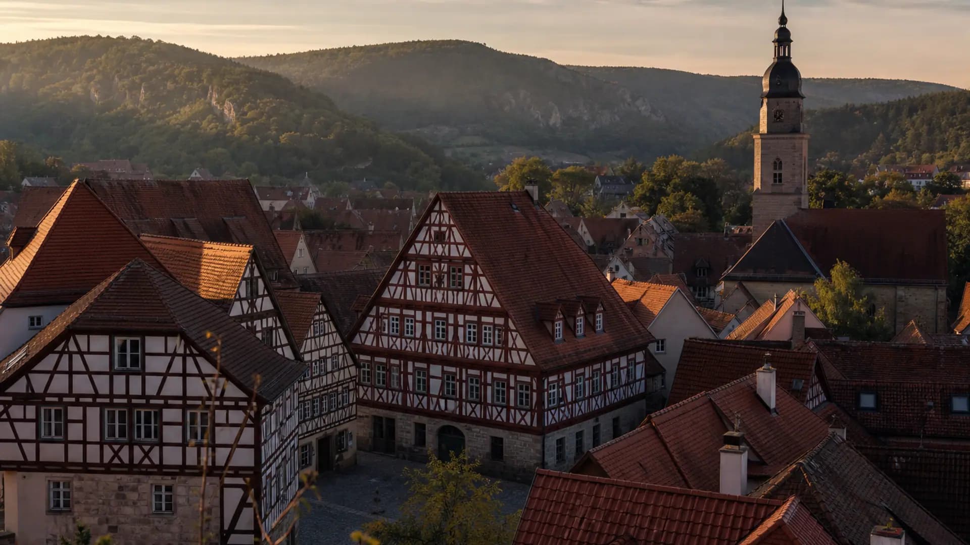 Hersbruck Altstadt mit Fachwerk und Hügeln der Hersbrucker Schweiz