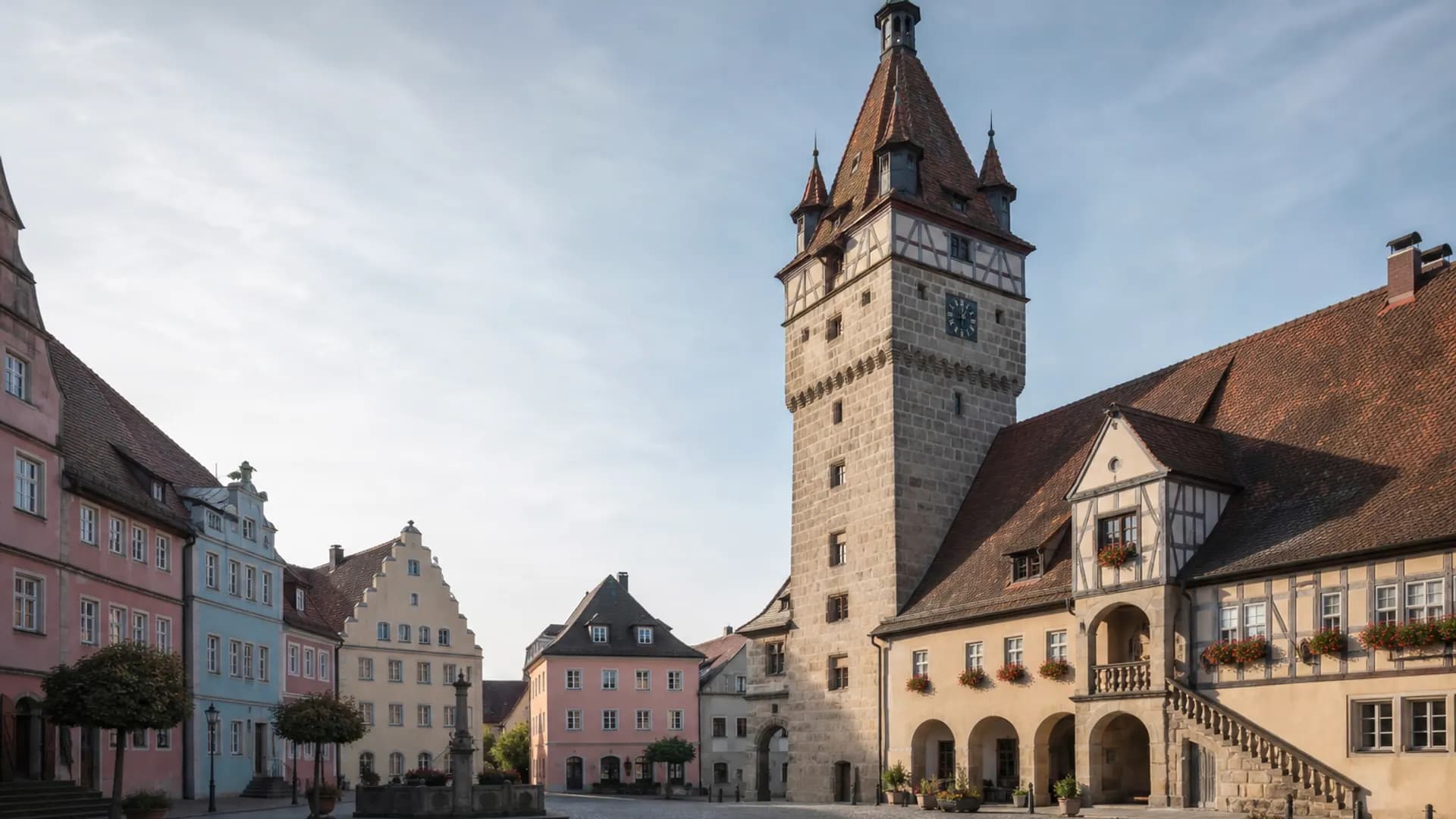 Schwabach historischer Marktplatz mit Rathaus im Morgenlicht