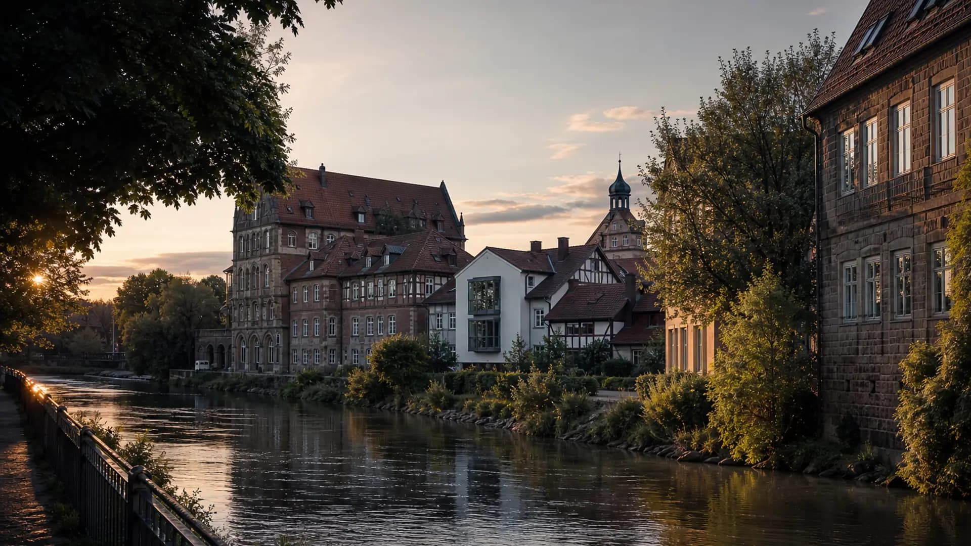 Stein bei Nürnberg mit historischen Gebäuden und Bäumen im Abendlicht