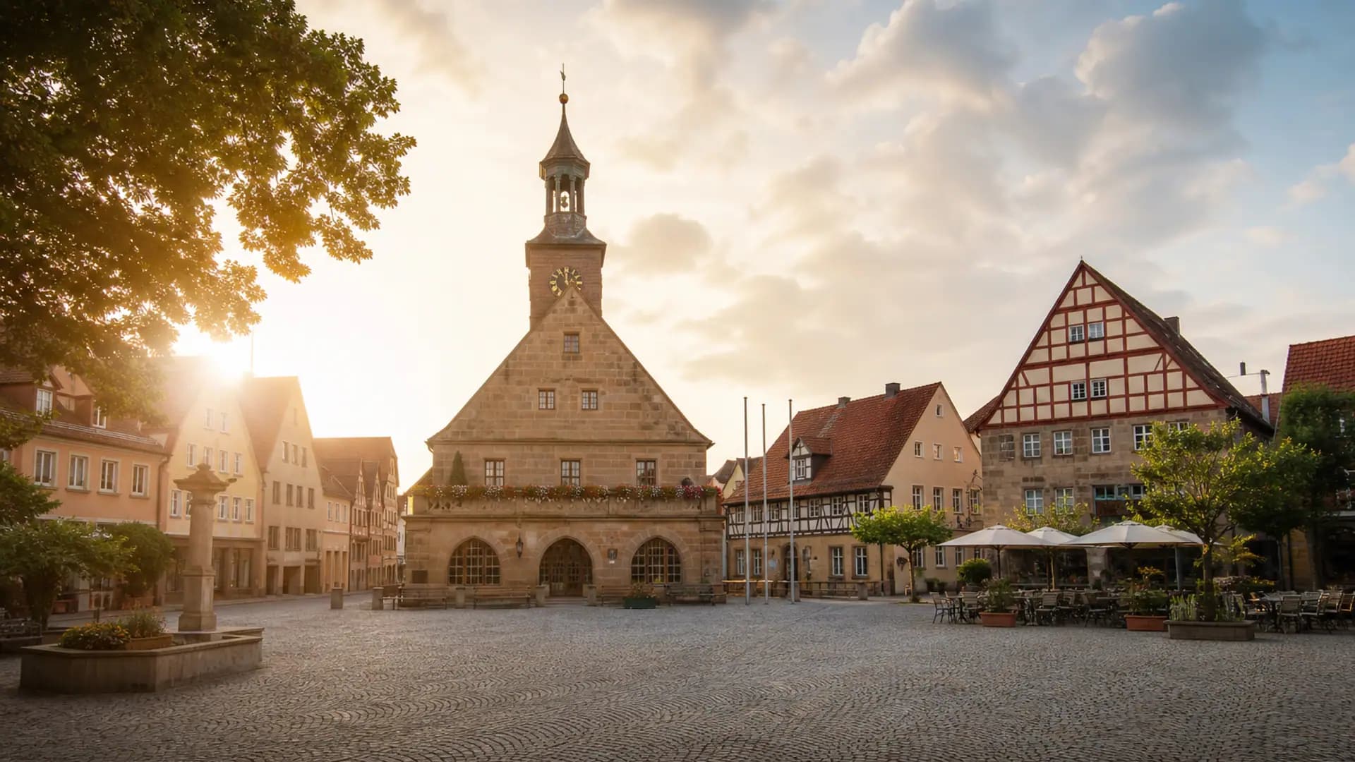 Zirndorf Stadtzentrum mit historischen Fassaden im Morgenlicht