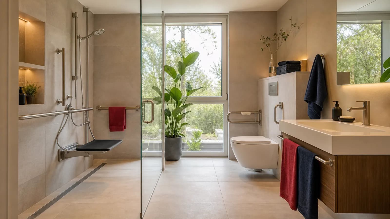 Barrierefreies Badezimmer mit bodengleicher Dusche, Sitzbank und stilvollen Haltegriffen