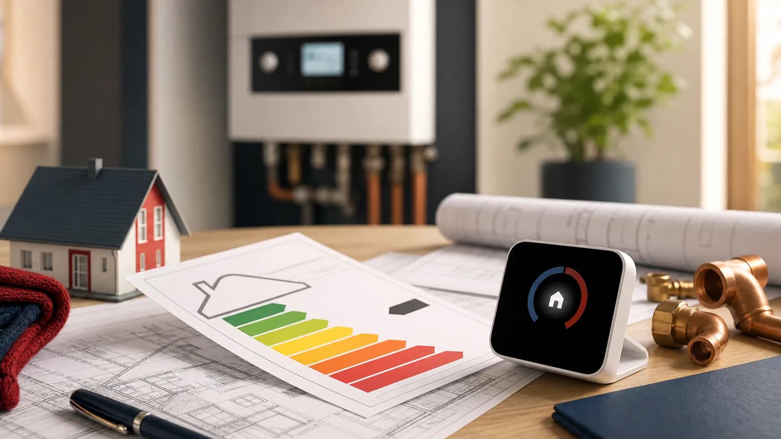 Energieausweis, Baupläne und Thermostat als Symbol für GEG und Heizungstausch
