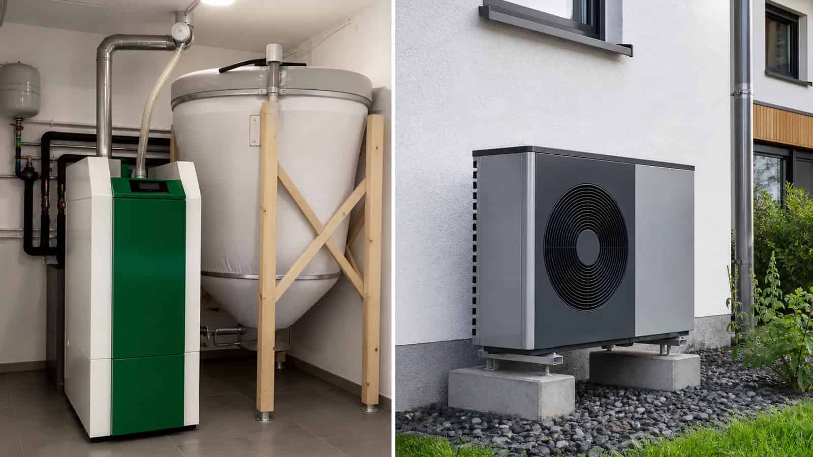 Vergleich Pelletheizung im Technikraum und moderne Wärmepumpe am Einfamilienhaus