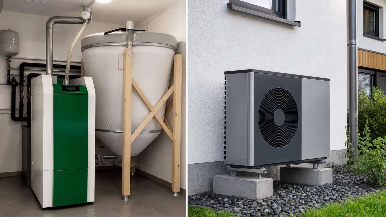 Vergleich Pelletheizung im Technikraum und moderne Wärmepumpe am Einfamilienhaus