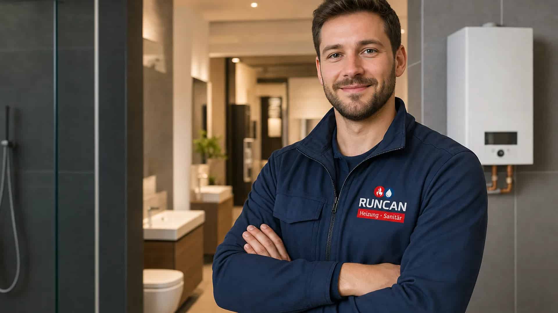 RUNCAN Techniker mit Firmenlogo auf der Arbeitsjacke in einem modernen Badezimmer-Showroom