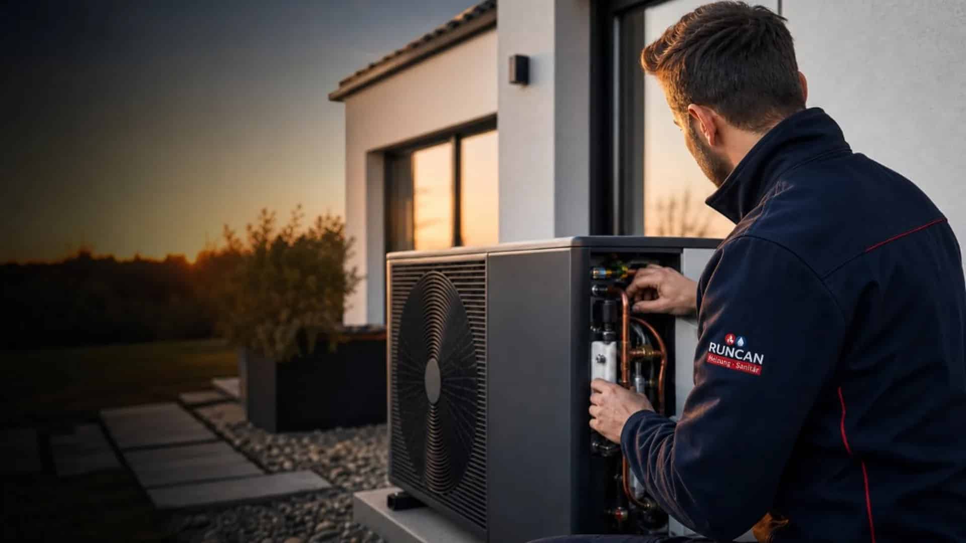 RUNCAN Monteur mit Firmenlogo an der Wärmepumpe — Meisterbetrieb für Heizung und Sanitär