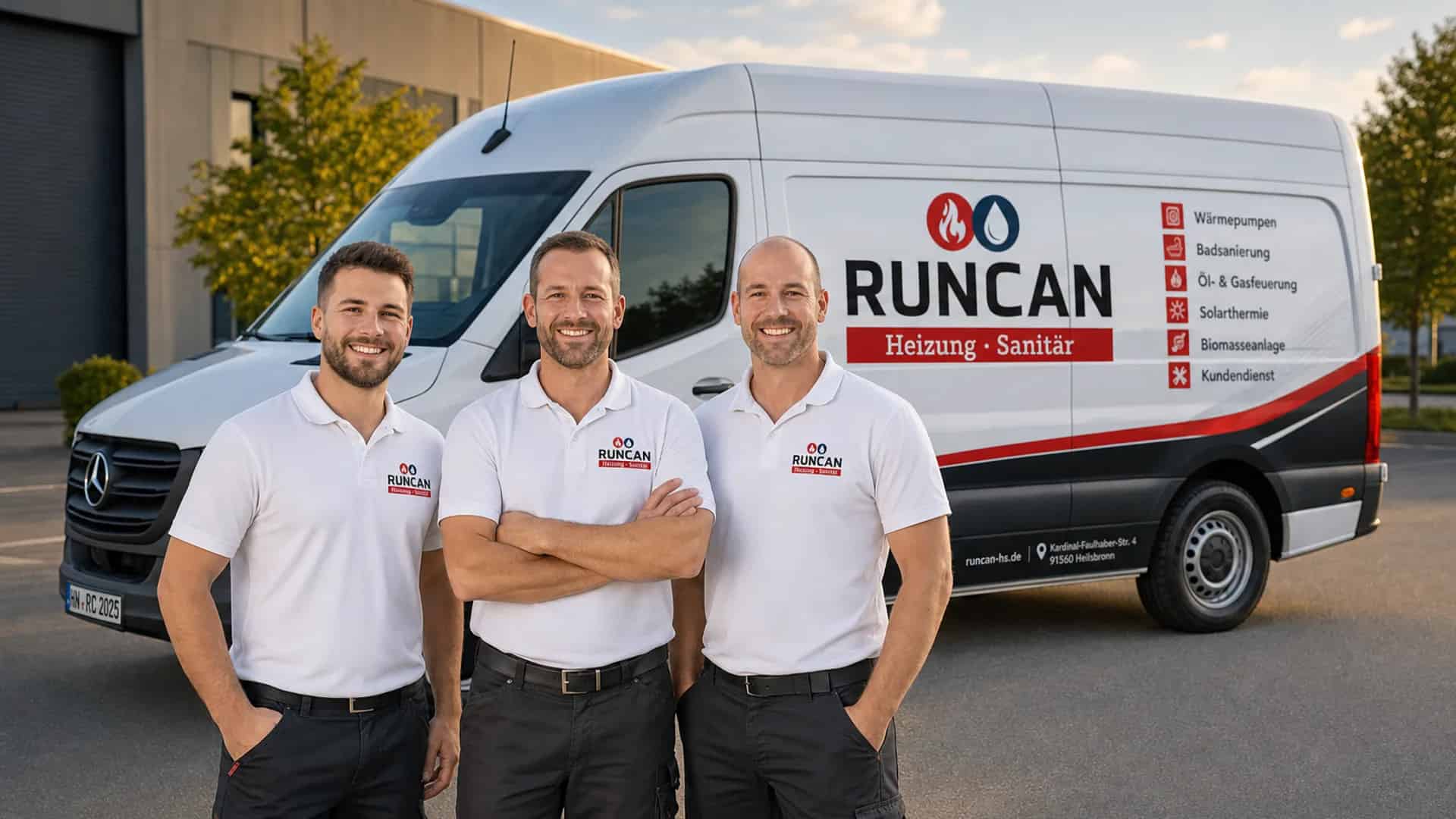 RUNCAN Team mit Firmenlogo vor dem branded Mercedes Service-Transporter — Karriere im SHK-Handwerk