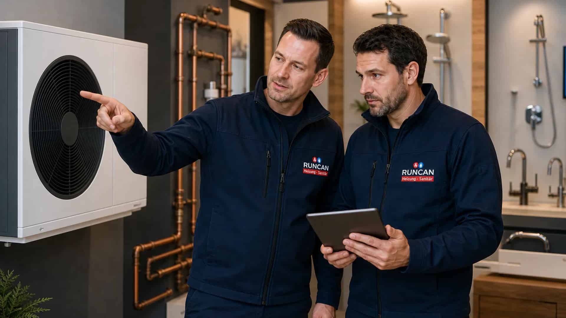 RUNCAN Techniker mit Firmenlogo auf der Arbeitskleidung — Heizung und Sanitär Leistungen