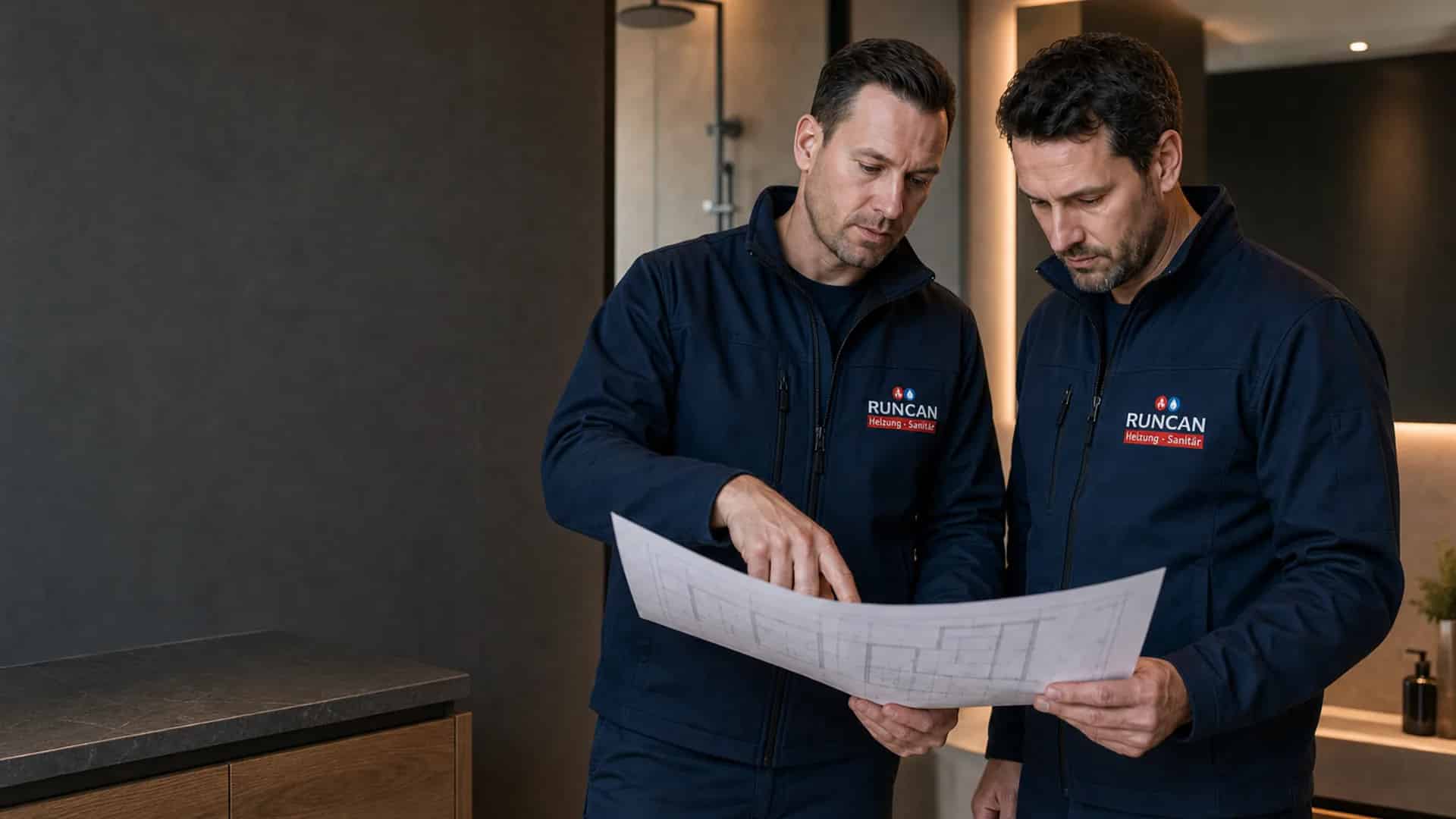 RUNCAN Handwerker mit Logo auf der Arbeitskleidung besprechen ein Sanierungsprojekt