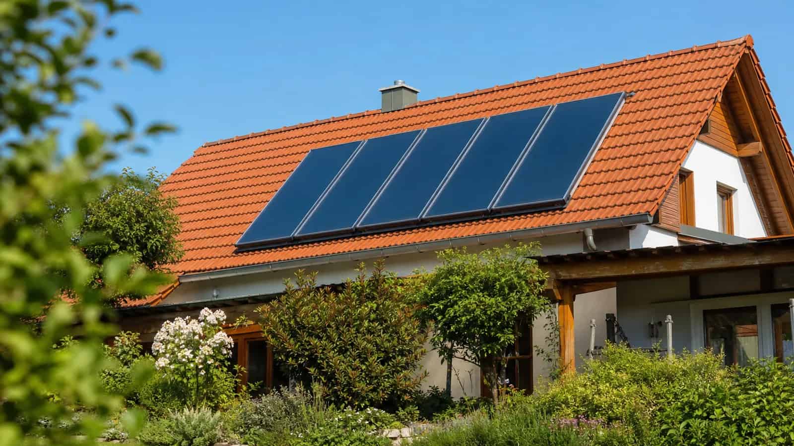 Solarthermie-Kollektoren auf einem roten Ziegeldach eines Einfamilienhauses