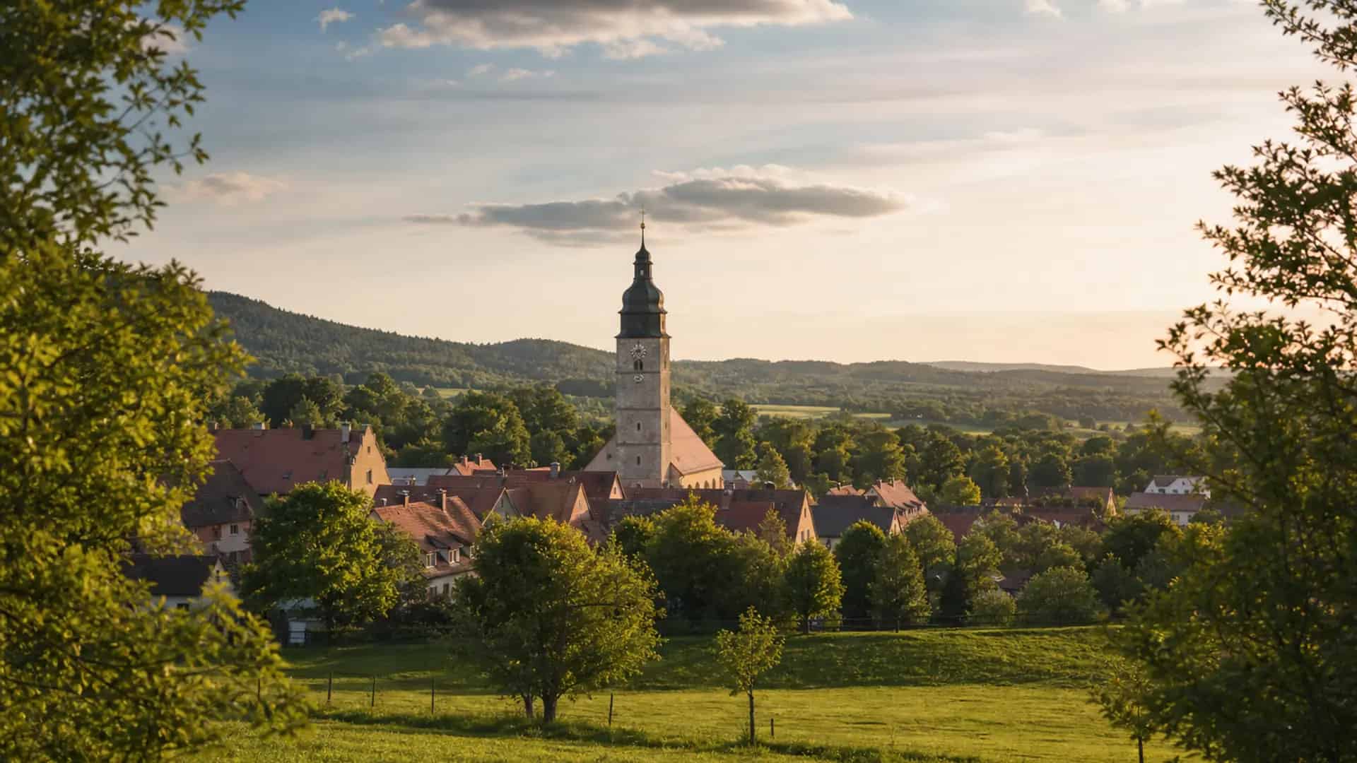 Dietenhofen mit Kirchturm und fränkischer Landschaft am Nachmittag
