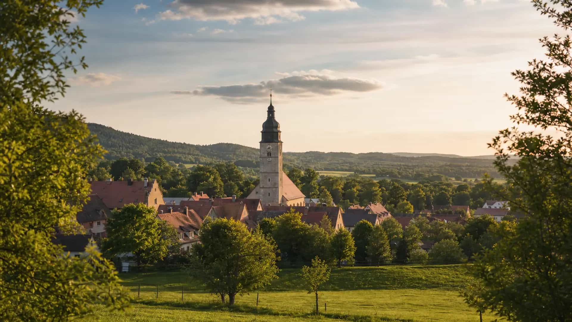 Dietenhofen mit Kirchturm und fränkischer Landschaft am Nachmittag