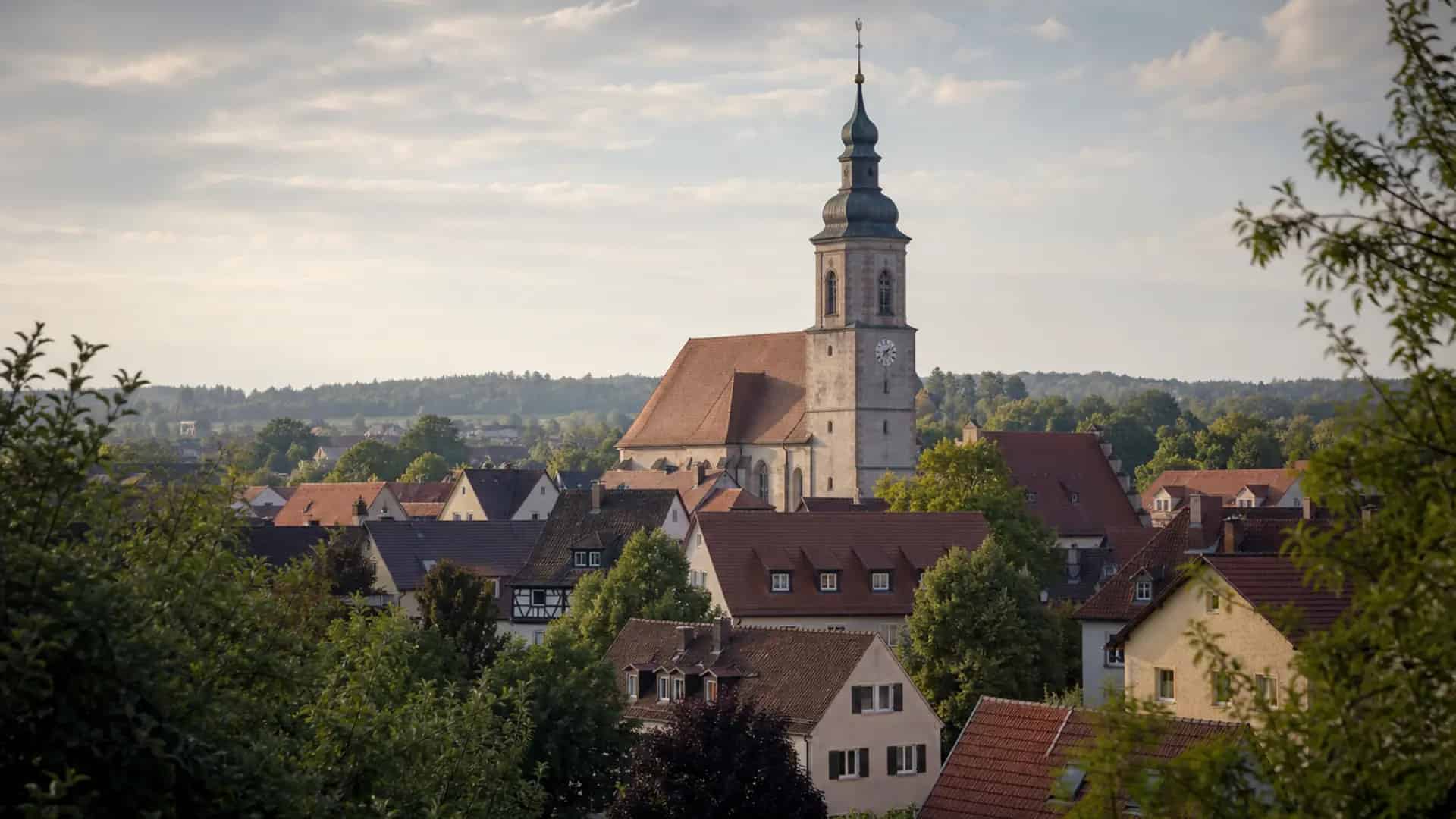 Neuendettelsau mit Kirchturm und fränkischen Dächern im Nachmittagslicht
