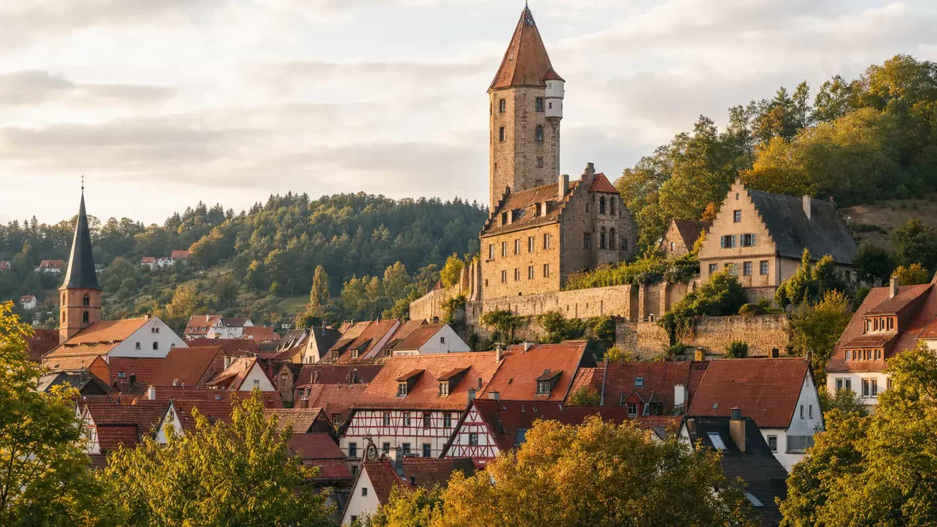 Schnaittach Ortskern mit Festung und Hügeln im Abendlicht