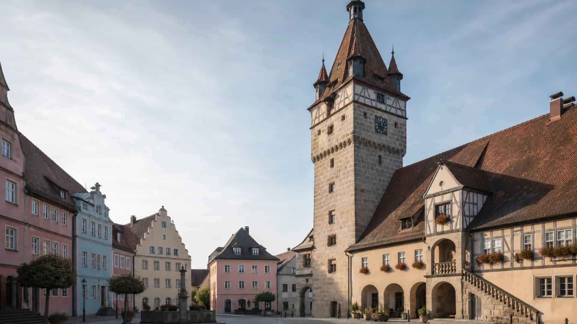 Schwabach historischer Marktplatz mit Rathaus im Morgenlicht