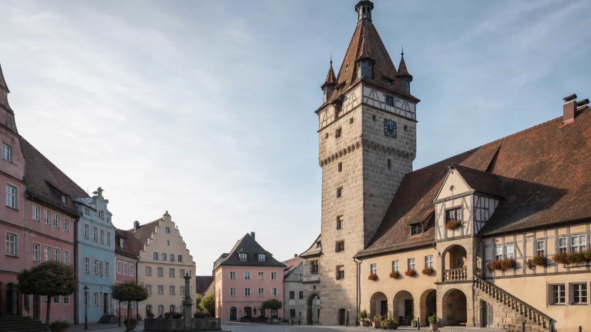 Schwabach historischer Marktplatz mit Rathaus im Morgenlicht