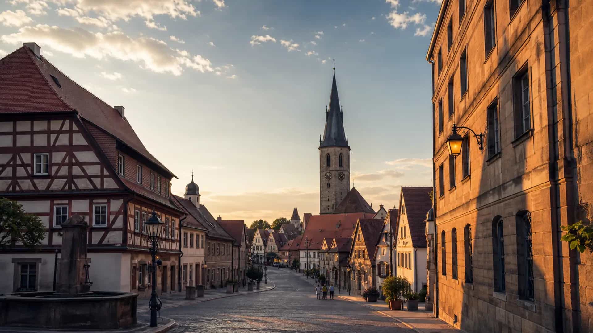 Windsbach Altstadt mit Kirchturm im warmen Abendlicht